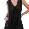 Chic Black and White Tie V Neck Sleeveless Romper with Pleated Detail - Image 8