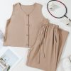 Women's Goat Color Buttoned Vest & Drawstring Wide Leg Pants 2-Piece Set - Image 8