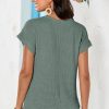 Women's Mist Green Lace Patchwork Waffle Short Sleeve Top - Elegant and Breathable - Image 8