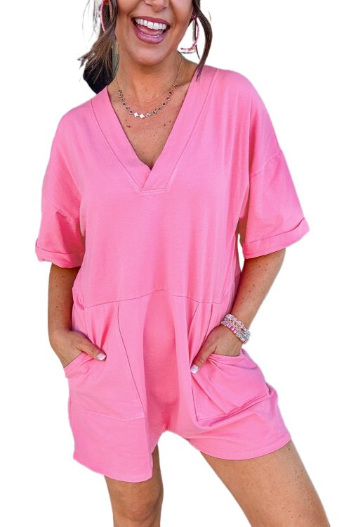 Women's Bonbon Loose Half Sleeve V Neck Knit Romper - Casual Summer Jumpsuit