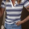 Women's Dark Blue Stripe Collared Button V Neck Knitted T-Shirt - Casual Chic Style - Image 7