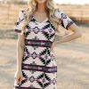 Women's Beige Western Aztec Printed Long T-Shirt Dress with V Neck and Side Slits - Image 3