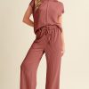 Women's Mineral Red Solid Color Corded Short Sleeve Top and Wide Leg Pants Set - Image 5