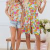 Women's Sky Blue Floral Print Smocked Notch V Neck Flutter Sleeve Mini Dress - Image 5