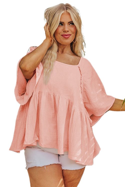 Chic Apricot Pink Plus Size Textured Wide Short Sleeve Babydoll Blouse