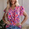 Women's Rose Red Abstract Print Ruffled Sleeve V Neck Blouse - Artistic Charm - Image 6