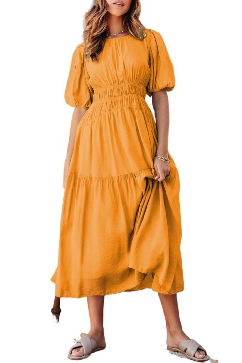 Elegant Grapefruit Orange Puff Sleeve Pleated High Waist Long Dress for Women