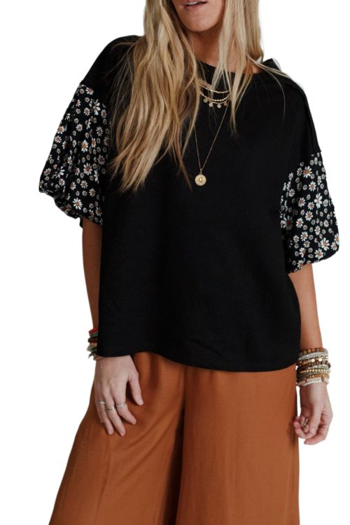 Women's Black Contrast Floral Puff Sleeve Oversized Top - Effortlessly Chic