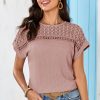 Elegant Women's Light Pink Lace Patchwork Waffle Short Sleeve Top - Image 7