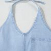 Women's Beau Blue Knotted Open Back Halterneck Denim Tank Top - Image 12