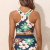 Women's Blue Floral Zip-Up Racerback High-Waisted Bikini Set - Image 5