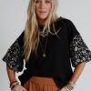 Women's Black Contrast Floral Puff Sleeve Oversized Top - Effortlessly Chic - Image 4