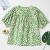 Plus Size Green Floral Tassel Tie Split Neck Blouse with Puff Sleeves - Image 6