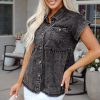 Women's Black Short Sleeve Flap Pocket Button Up Raw Hem Denim Shirt - Image 3