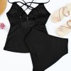 Women's Black Ribbed Dual Crisscross Straps Cut-Out Back Tankini Swim Suit - Image 15