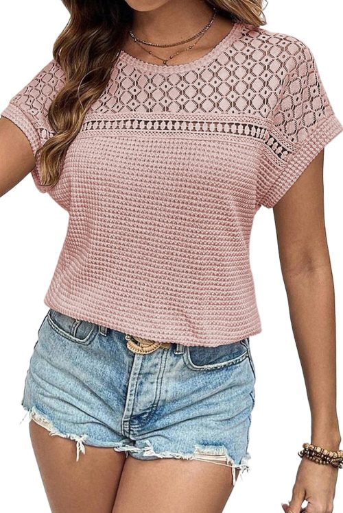 Elegant Women's Light Pink Lace Patchwork Waffle Short Sleeve Top