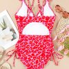 Women's Leopard Orange Adjustable Straps Ribbed Knit One Piece Swimsuit - Seductive V Neck Design - Image 4