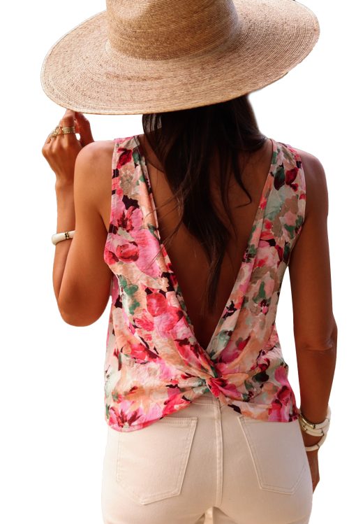 Women's Pink Floral Round Neck Twisted Cut Out Back Tank Top - Bohemian Style