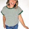 Women's Plus Size Green Stripe Trimmed Boxy Fit T-Shirt with Round Neck - Image 6