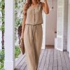 Women's Goat Color Buttoned Vest & Drawstring Wide Leg Pants 2-Piece Set - Image 3