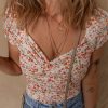 Women's Orange Short Sleeve Floral Ruched Sweetheart Bodysuit - Casual Summer Top - Image 3