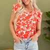 Women's Orange Floral Ruffle Sleeve Print Top with Stylish V Neck - Image 6