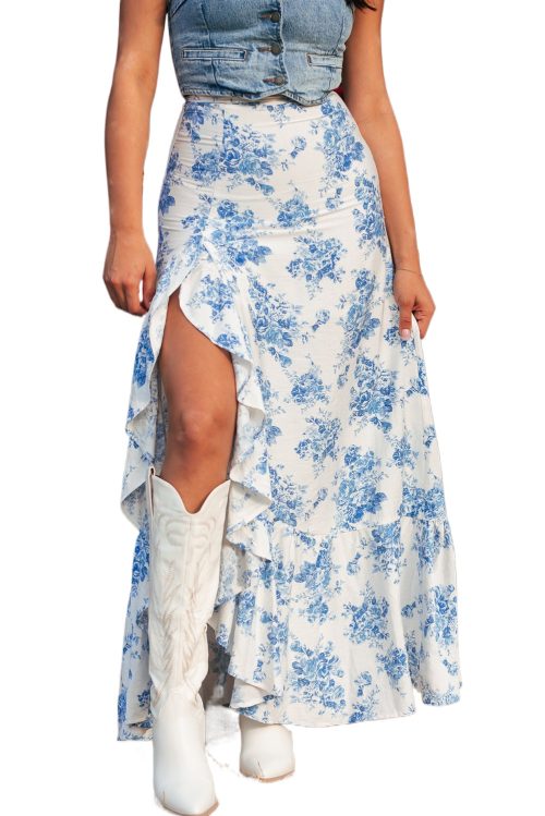 Women's Sky Blue Boho Floral High Waist Ruffle Split Maxi Skirt - Perfect for Summer