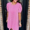 Women's Bright Pink Corded Knit Crew Neck Puff Sleeve Shift Mini Dress - Image 6