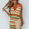 Chic Women's Yellow Stripe Eyelet Sleeveless Buttoned Split Neck Sweater Dress - Image 5