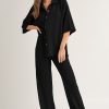 Women's Black Solid Color Textured Buttoned Shirt and Wide Leg Casual Pants Set - Image 5