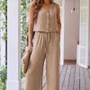 Women's Goat Color Buttoned Vest & Drawstring Wide Leg Pants 2-Piece Set - Image 5