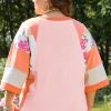 Women's Plus Size Orange Floral Print Patchwork Raglan Half Sleeve Top - Image 2