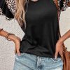 Women's Black Leopard Print Patchwork Ruffled Sleeve V Neck T-Shirt - Image 8