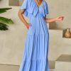 Elegant Sky Blue Textured V Neck Flutter Sleeve Ruffled Maxi Dress for Women - Image 3