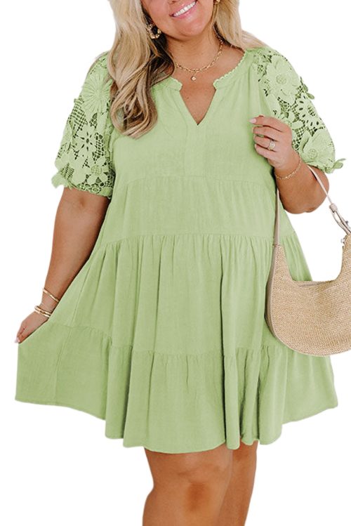 Plus Size Laurel Green Floral Crochet Short Sleeve Notch V Neck Tiered Mini Dress