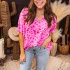 Chic Women's Pink Leopard V Neck Loose Short Sleeve Top for Casual Wear - Image 5