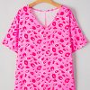 Chic Women's Pink Leopard V Neck Loose Short Sleeve Top for Casual Wear - Image 6