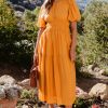 Elegant Grapefruit Orange Puff Sleeve Pleated High Waist Long Dress for Women - Image 3