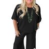 Women's Plus Size Black Textured Batwing Sleeve Tee & Wide Leg Pants Set - Image 6