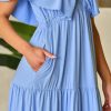 Elegant Sky Blue Textured V Neck Flutter Sleeve Ruffled Maxi Dress for Women - Image 15