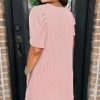 Blossom Pink Corded Knit Crew Neck Puff Sleeve Shift Mini Dress for Women - Image 2