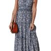 Women's Blue Floral Spaghetti Strap Frilled V Neck Tiered Midi Dress for Summer - Image 17