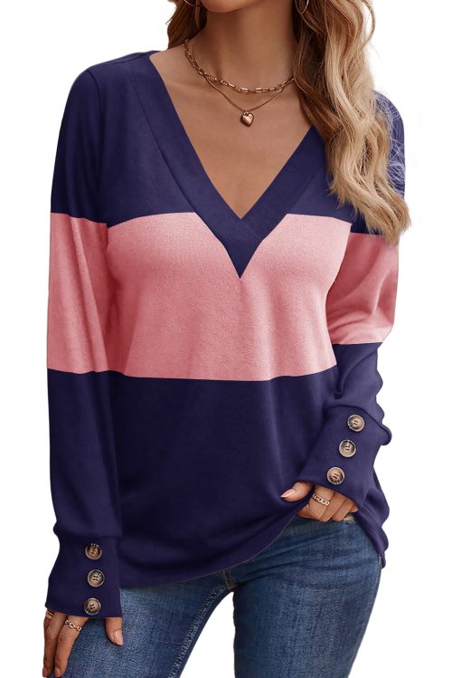 Women's Blue Stripe Colorblock Long Sleeve V Neck Top