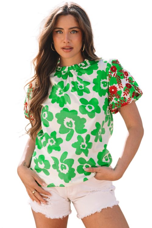 Elegant Green Floral Blouse with Contrast Embroidered Puff Short Sleeves