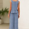 Women's Beau Blue Solid Color Ribbed Ruffle Tank Top and Pants Set - Image 2