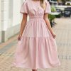 Women's Pink Puff Sleeve Pleated High Waist Flowy Long Dress - Perfect for Summer Occasions - Image 15