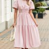 Women's Pink Puff Sleeve Pleated High Waist Flowy Long Dress - Perfect for Summer Occasions - Image 13