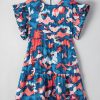 Plus Size Blue Abstract Print Shirred Ruffled Short Sleeve Mini Dress - Image 6