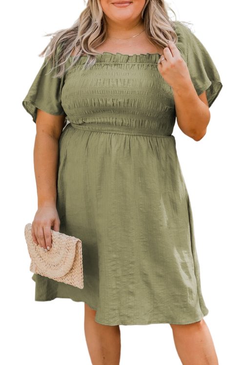 Elegant Grass Green Plus Size Frilly Square Neck Flutter Sleeve Dress