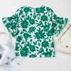 Women's Green Floral Printed Ruffled Short Sleeve Blouse - Stylish and Comfortable - Image 7